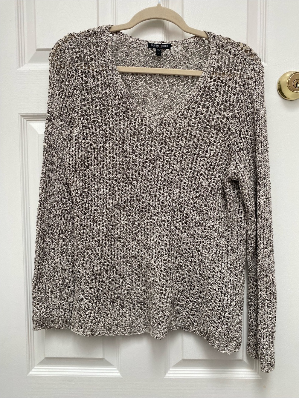Eileen Fisher Marled Black & White/Cream V-Neck 100% Cotton Crochet Sweater - PL
